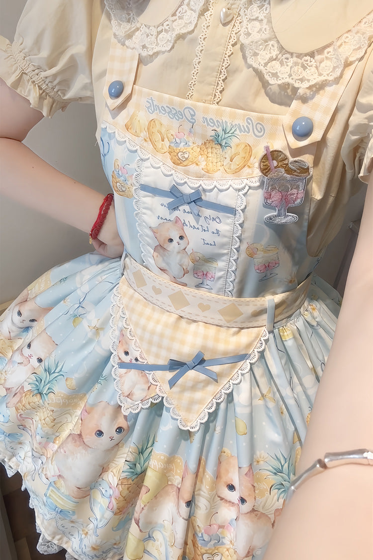 Blue [Pineapple Cat] Print Sleeveless Bowknot Lace Sweet Lolita Strap Dress