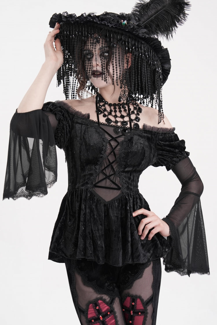 Black Halterneck Long Sleeves Hollow Lace-Up Mesh Women's Gothic Blouse