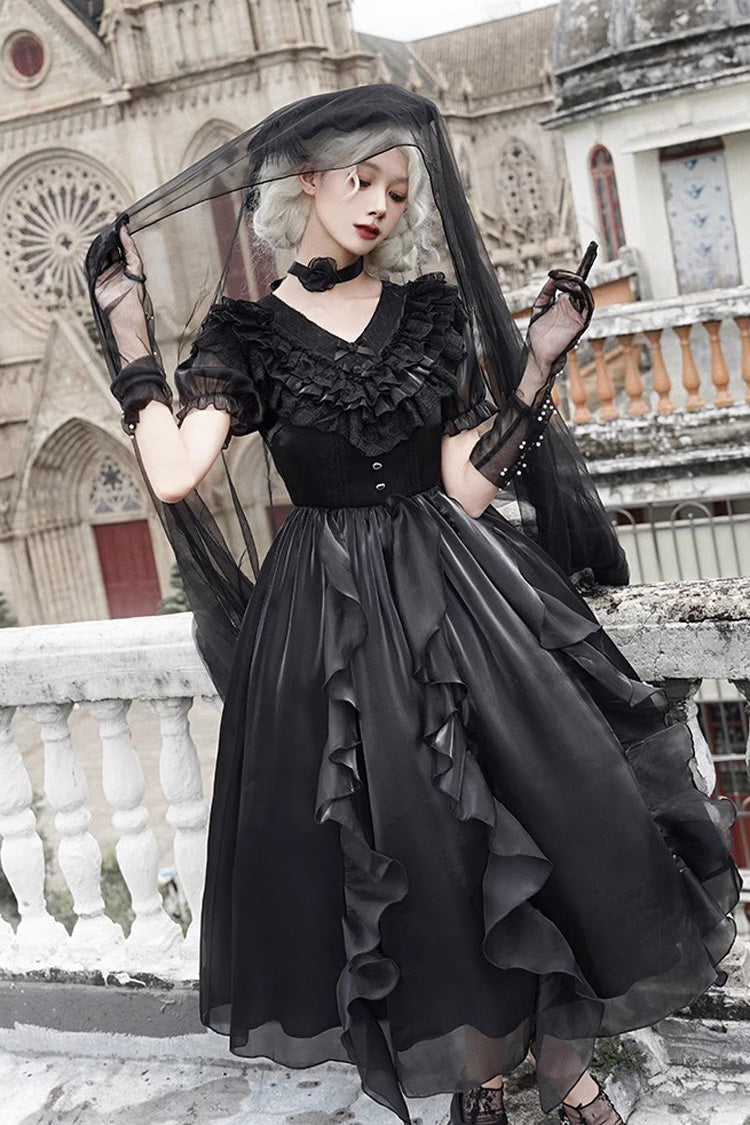 Black V-Neck Lace Cla Daily Short Puff Sleeves Gothic Lolita Dress