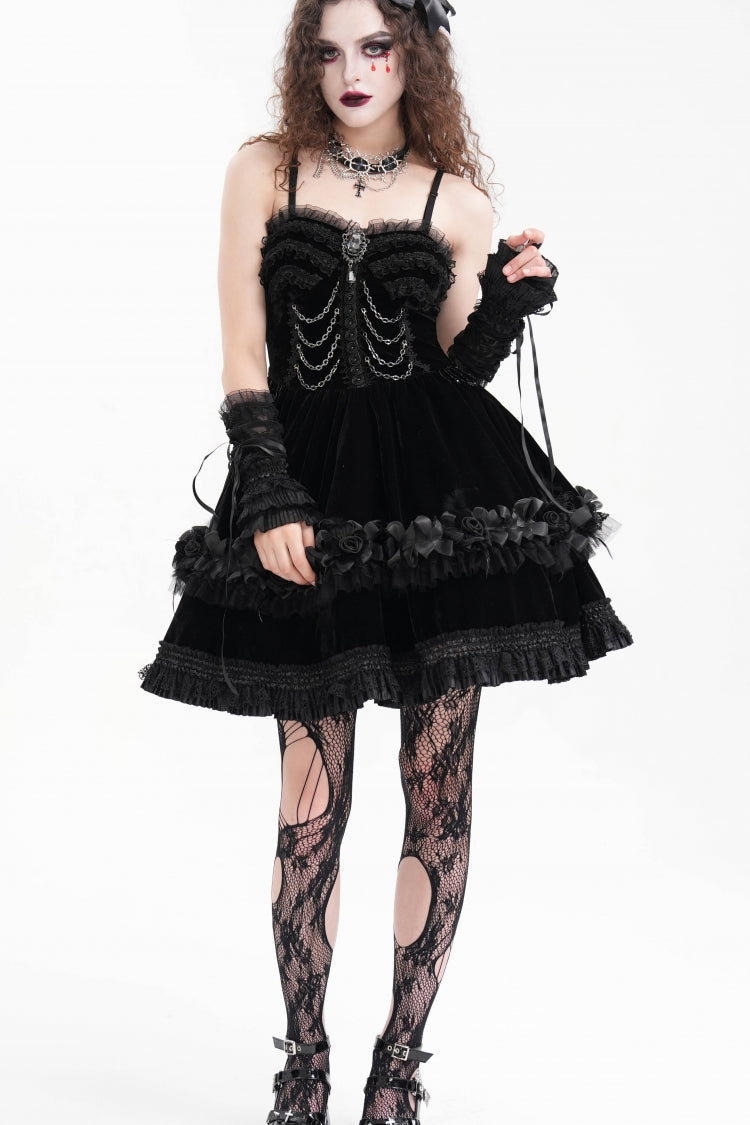 Black Chain Ruffle Lace Women's Gothic Slip Dress