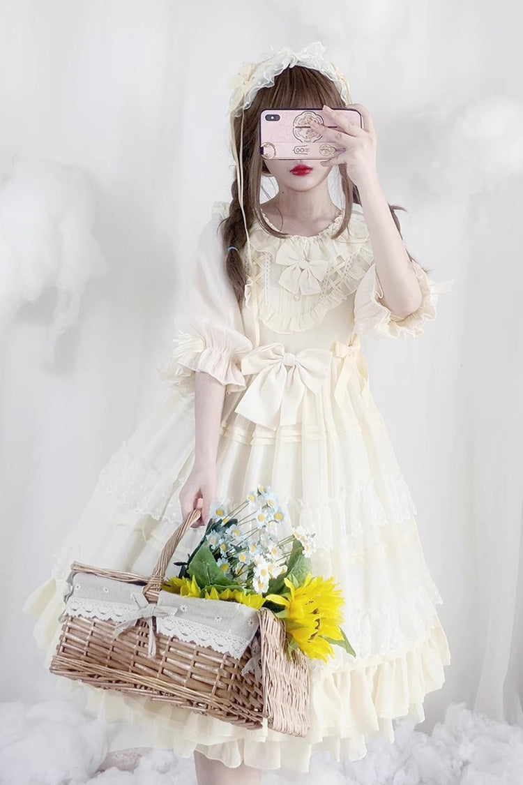 Beige Lace Cool Angel Short Sleeves Bowknot Ruffle Sweet Lolita Dress