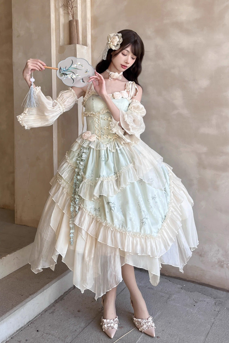 Green [Tea Bamboo Song] Sleeveless Print Ruffle Bowknot Sweet Chinese Style Elegant Ballet Lolita Jsk Long Dress