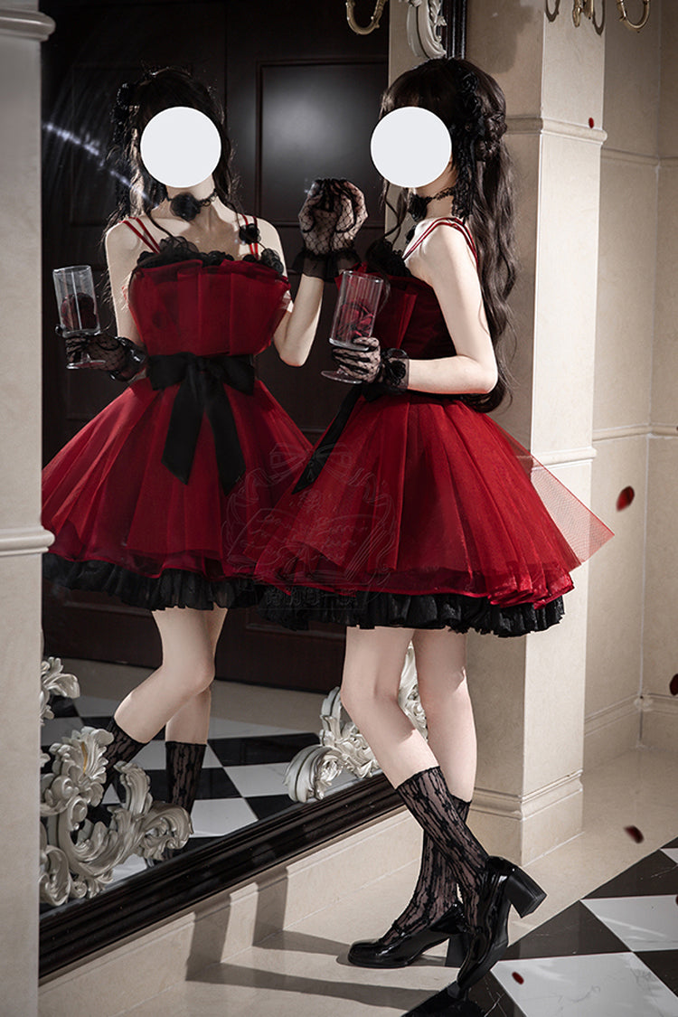 Robe Lolita Princesse Douce Sans Manches à Volants et Nœud Papillon [Bouquet de Nuit Éternelle] Rouge Vin 