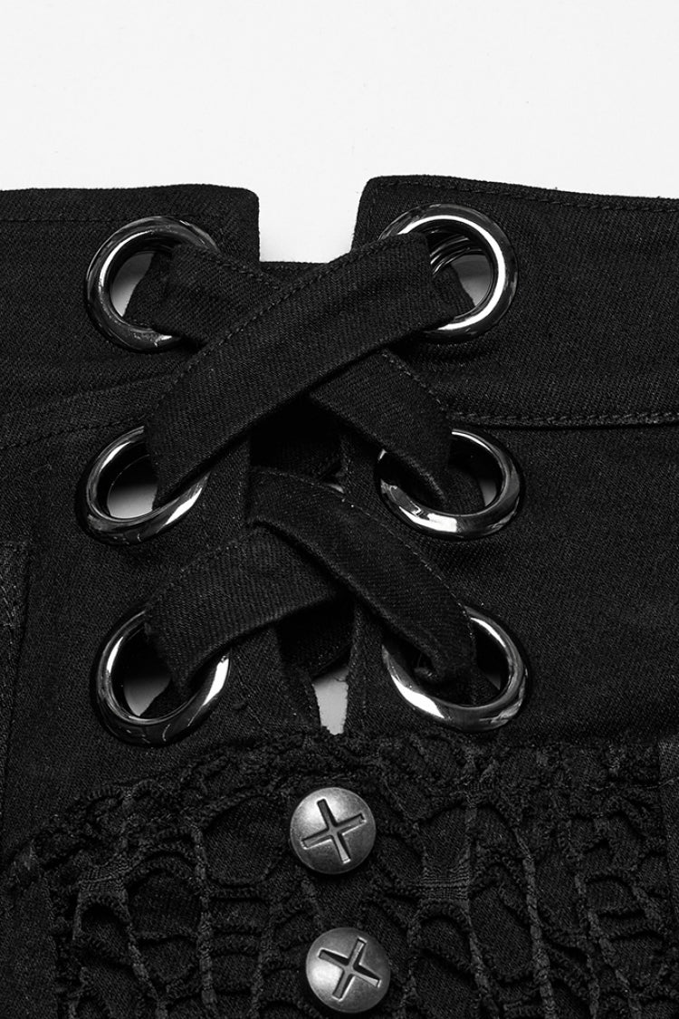 Black Studded Ripped Straps Women's Punk Shorts