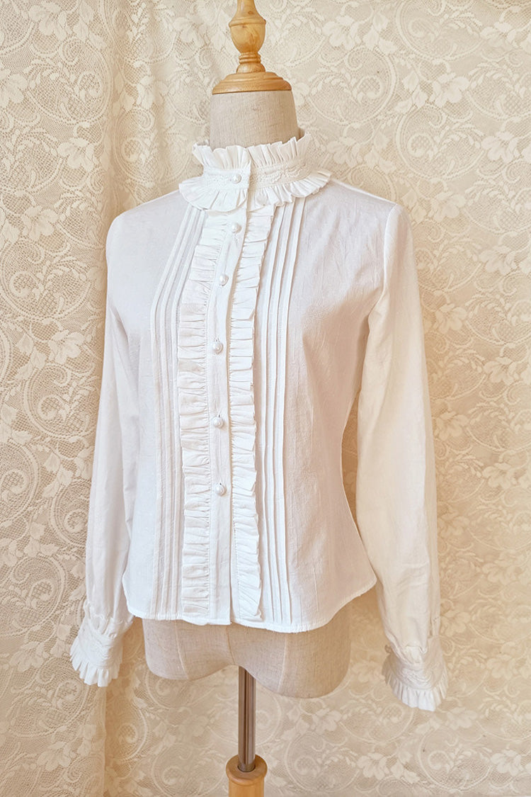 Weiße süße Lolita-Bluse mit Stehkragen, langen Ärmeln und Rüschenschleife
