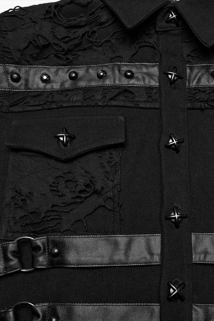 Black Stitching Mesh Rivet Buckle Men's Punk Vest
