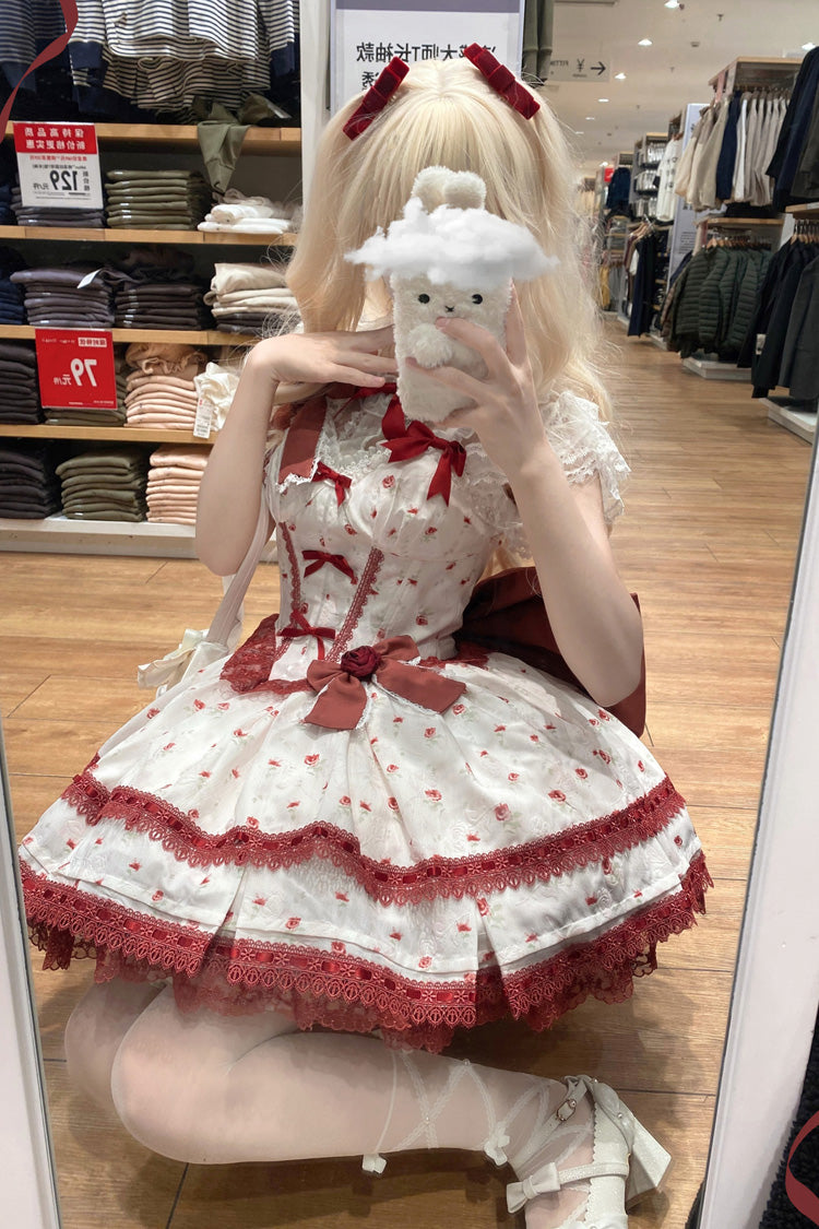 ワインレッド [ファーストラブローズ] 多層プリント フリル ボウノット レース スイートロリータ ジャンパースカート ドレスセット 