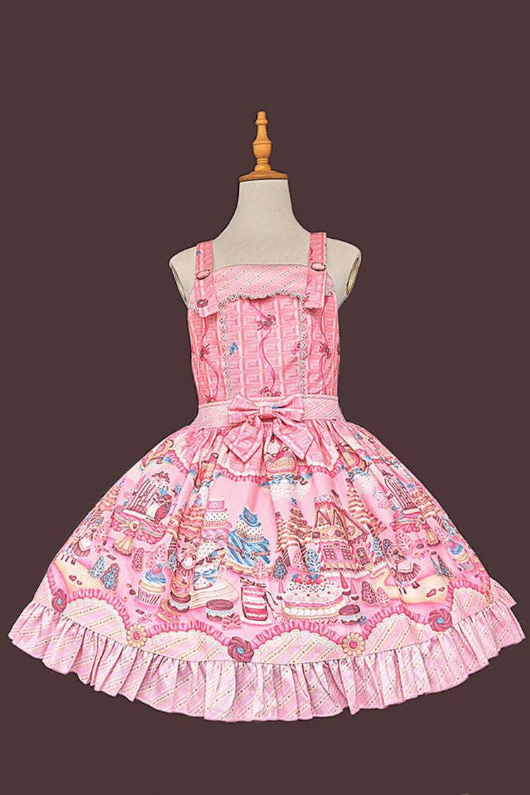Pink [Candy House] Square Collar Sleeveless Printed Ruffled Bow Sweet Lolita Strap Dress