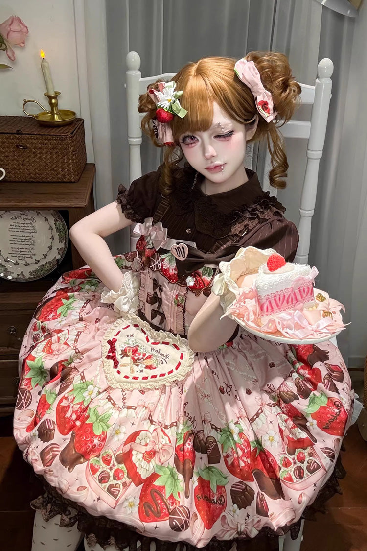 Rosa [Strawberry Chocolate Lover] Ärmelloses, bedrucktes, gerüschtes, besticktes, süßes Lolita JSK-Kleid mit Spitze