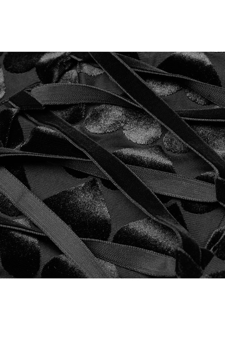 Black Front Chest Hollow-Out Decals Long Sleeve Back Waist Lace-Up Plus Size Mercerized Velvet Print Women's Gothic Dress