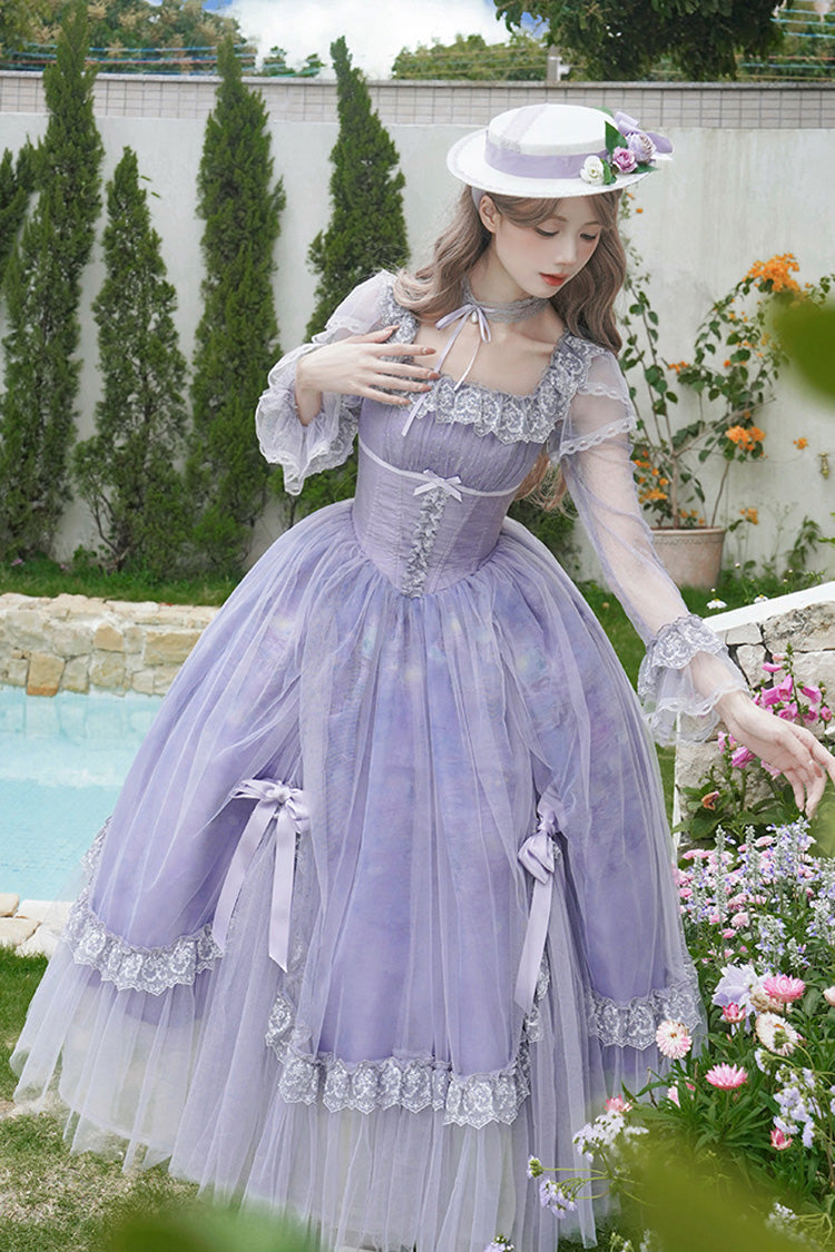 Robe Sweet Lolita en dentelle avec col carré violet, manches longues, volants, nœud papillon et arêtes de poisson 