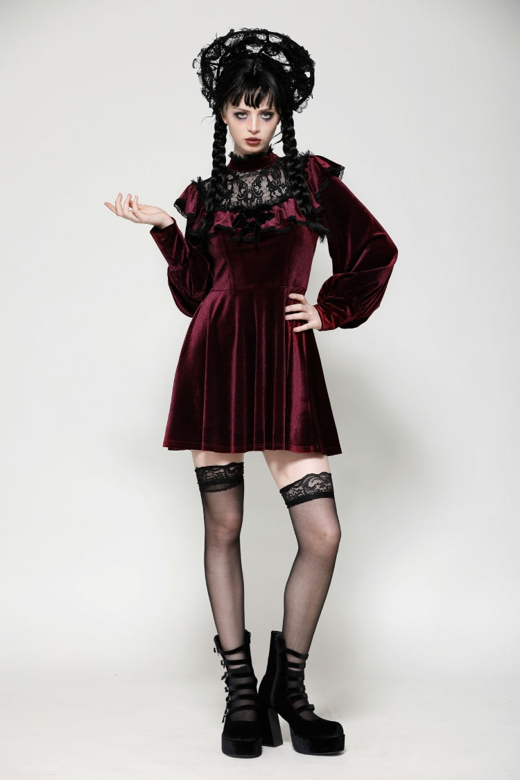 Red Long Sleeves Crochet Velvet Dress Women's Gothic Graduation Dress