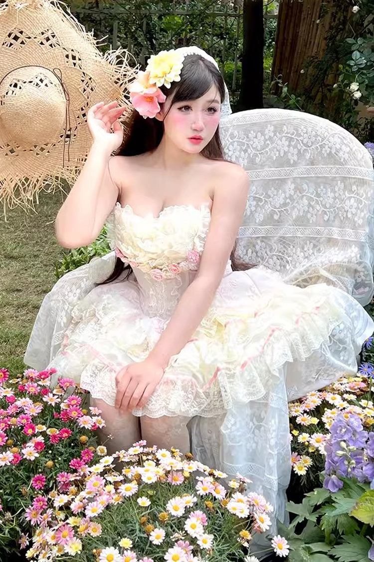 Pink Flower Goddess of Love Ruffle Bowknot Lace Sweet Elegant Lolita Skirt Dress Set
