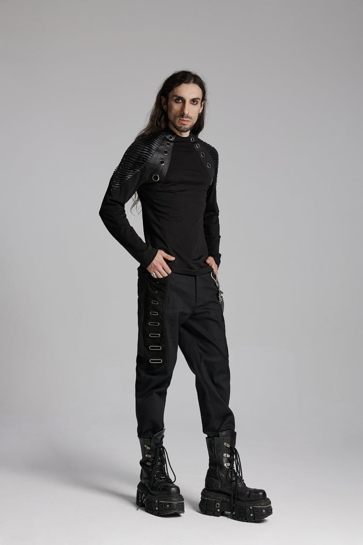 Black Round Collar Long Sleeves Mesh Pleated Loop Men's Punk Blouse