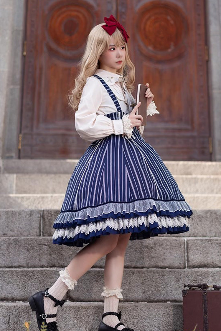 Blue Multi-layer Stripe Print Ruffle Sweet Lolita Jsk Dress