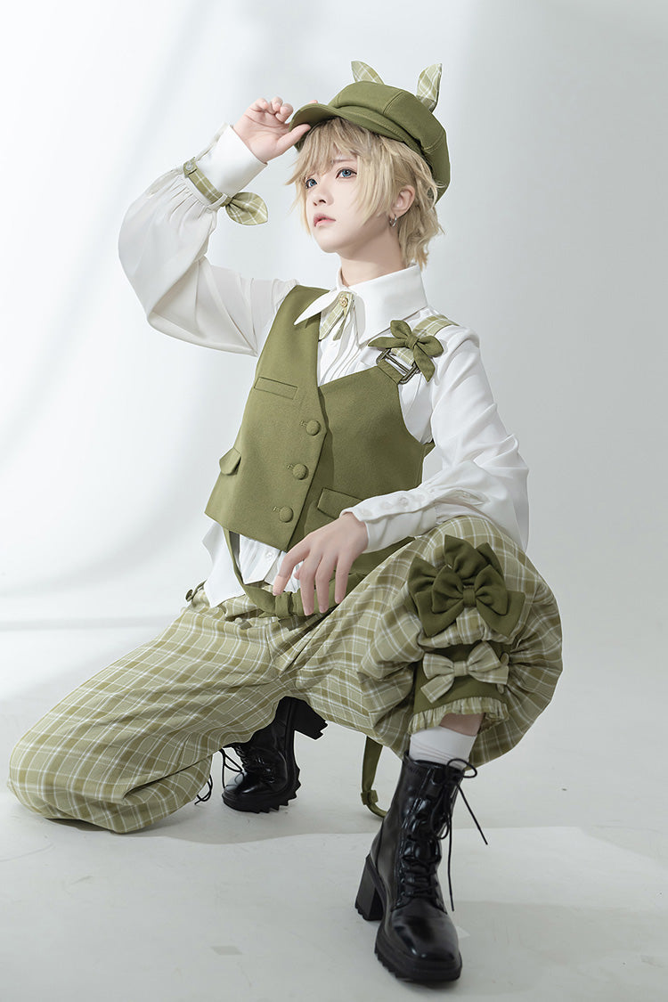 Matcha Green Plaid Pants Secret Morning Post Series Cute and Handsome Ouji Lolita Vest