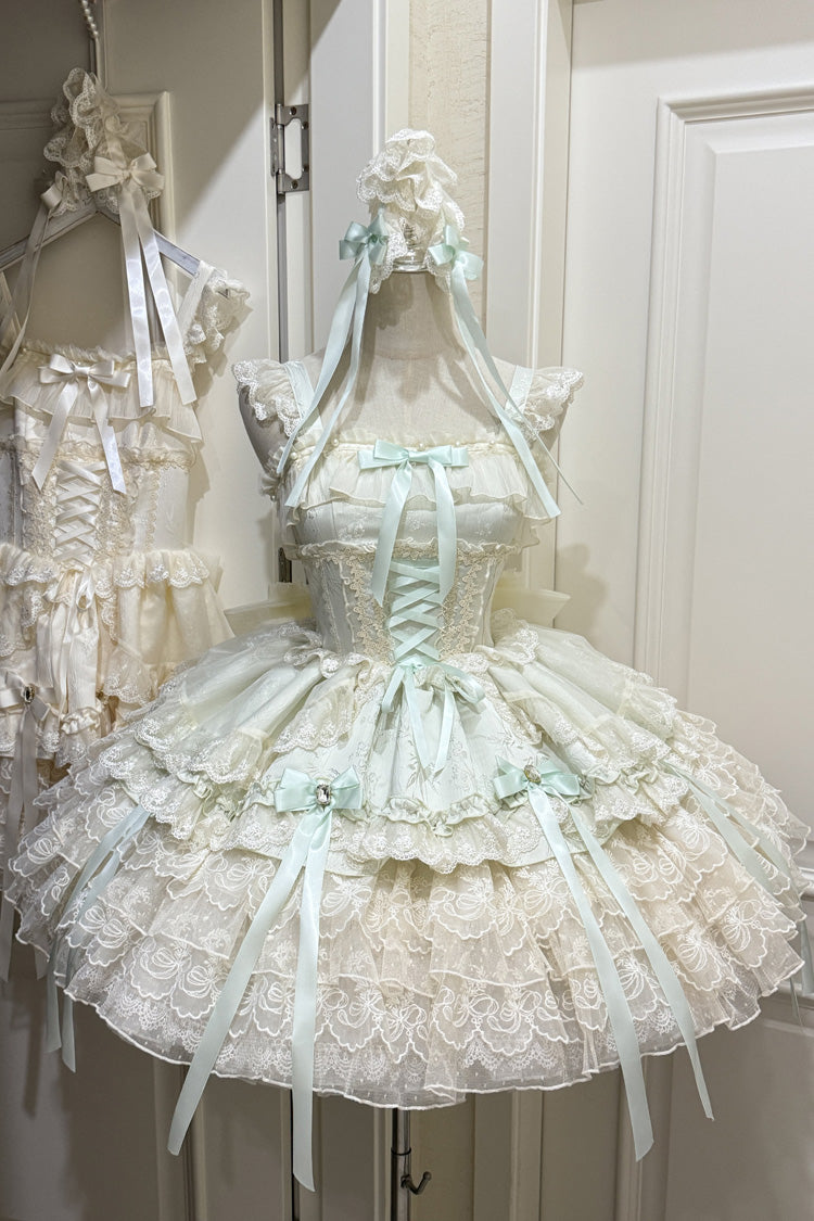 Green [Ribbon Heart Love] Sleeveless Multi-Layered Ruffle Bowknot Lace Lace-Up Sweet Princess Ballet Lolita Jsk Dress