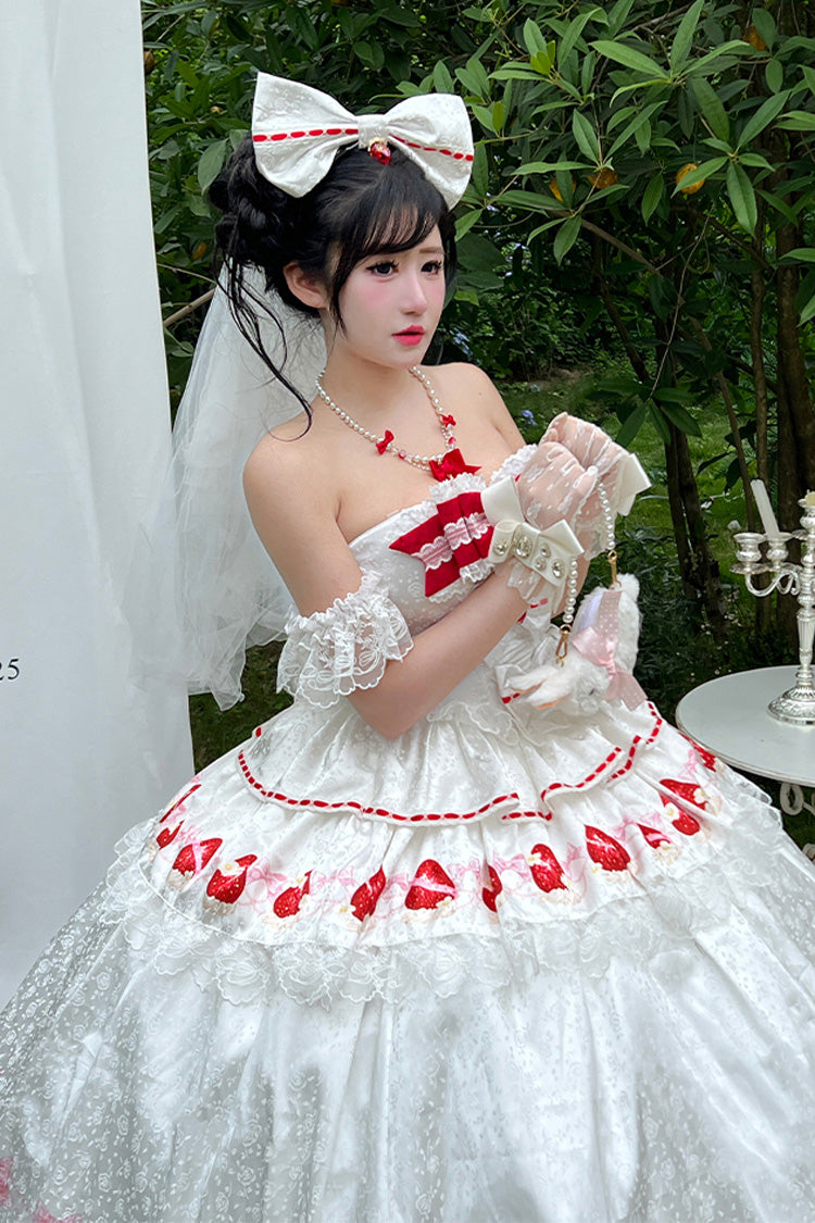 White [True Love Strawberry] Print Off Shoulder Sleeveless Ruffle Bowknot Lace Sweet Princess Lolita Dress Set