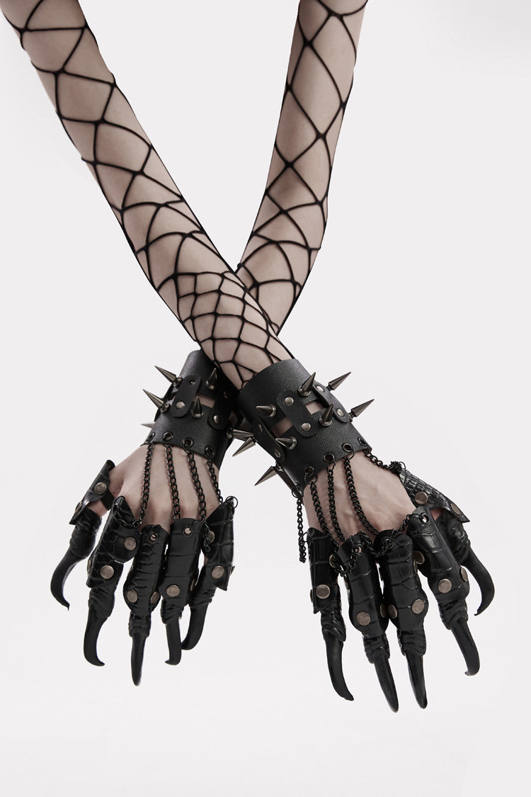 Black Faux Leather Stitching Dragon Claw Finger Women's Steampunk Gloves