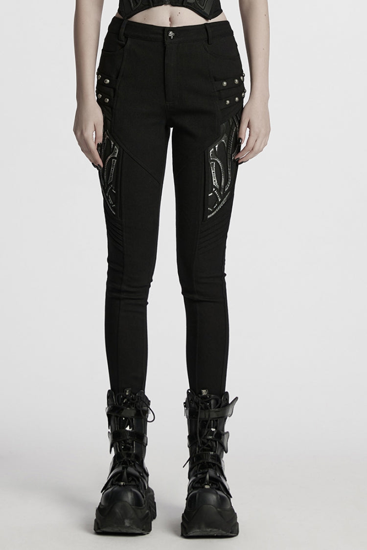 Black Studded Pleated Women's Punk Leggings