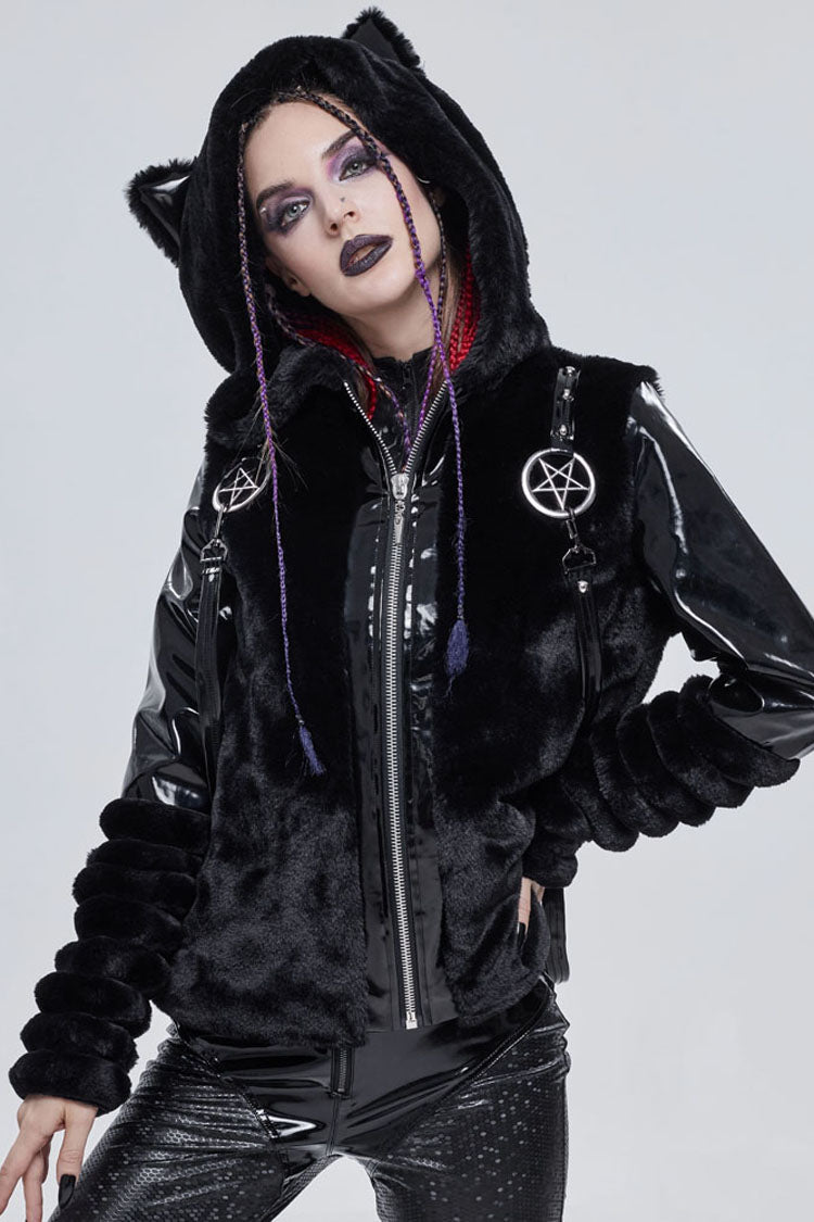 ブラックパンクカフプリーツデザインメタル五芒星形ベルト装飾猫耳レディースコート