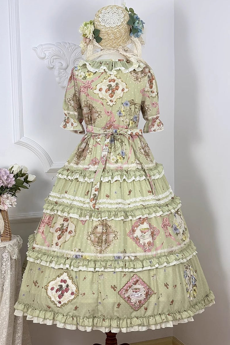 Robe Lolita douce et magnifique à manches courtes avec imprimé à volants et nœud papillon [Thé de Rose Chat Vert] 