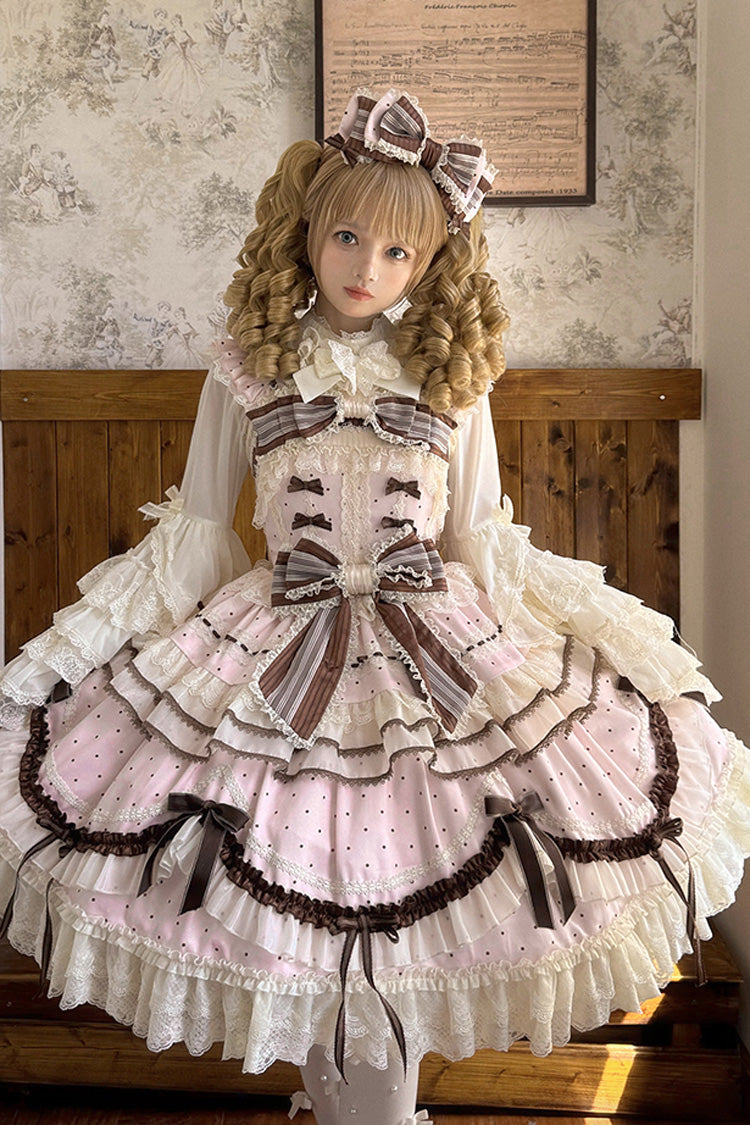 Pink [Shengqiao Tata] Sleeveless Print Ruffle Bowknot Lace-Up Sweet Elegant Lolita Jsk Dress