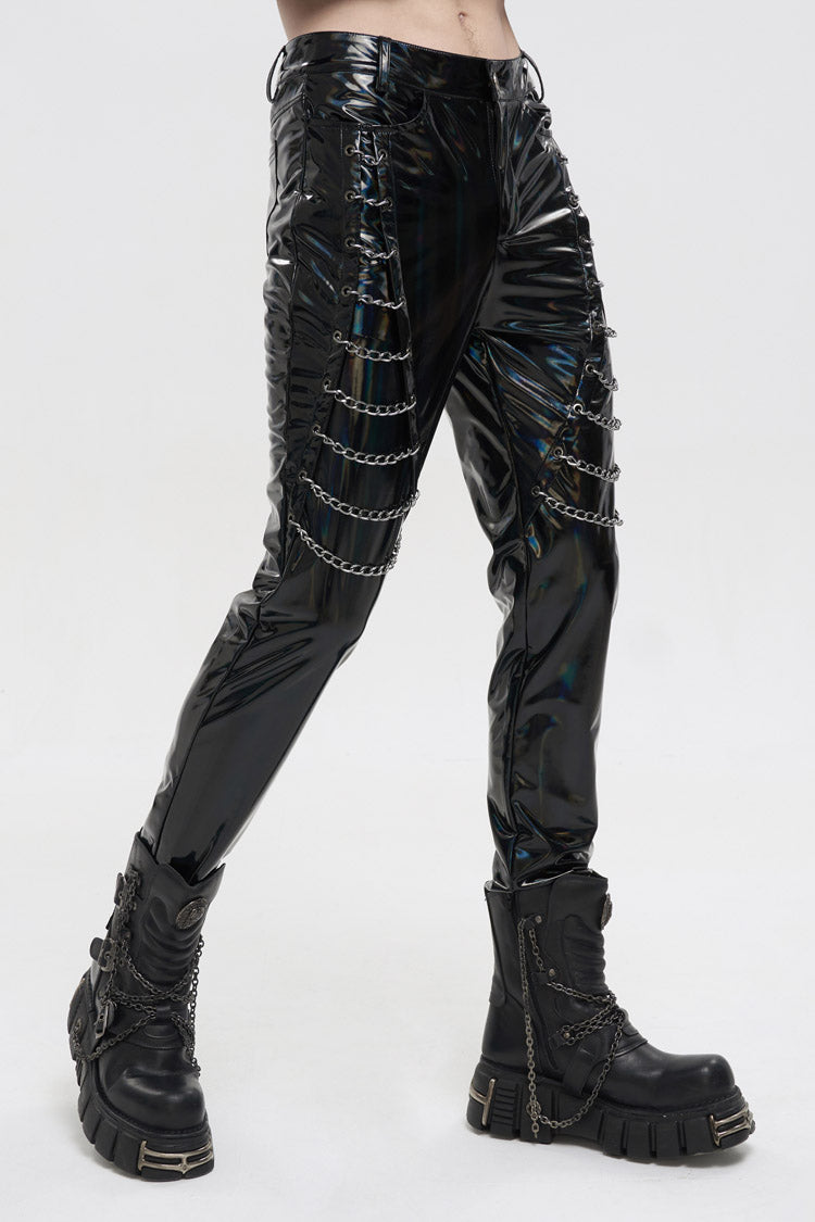 Black Stretch Symphony Metal Chains On Both Sides Versatile Leather Men's Gothic Pants