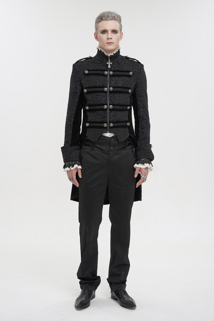 Black Silk Stand Collar Printed Metal Breasted Cross Zipper Back Slit Vintage Men's Gothic Jacket