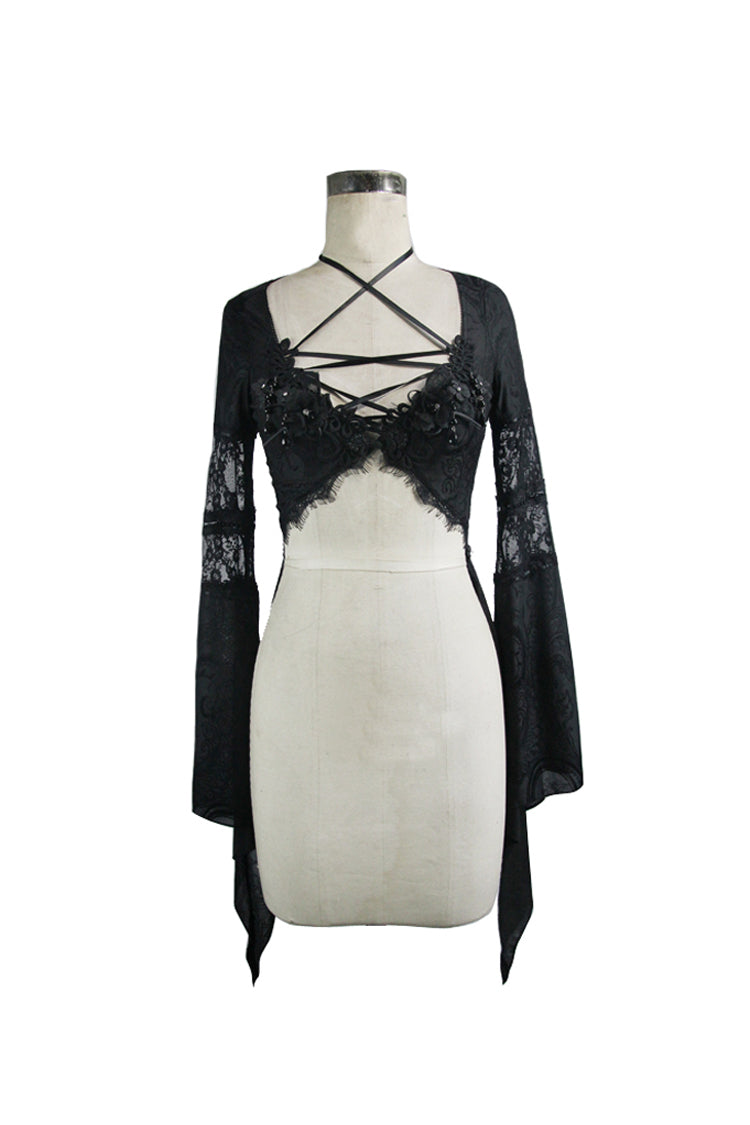Schwarze, langärmlige Gothic-Bluse aus Netzgarn mit Spitze vorne, kurz und hinten lang für Damen