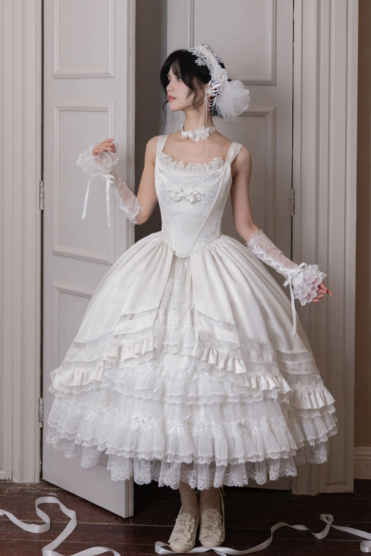 ホワイト【薔薇の約束】多層フリル花嫁前開きリボンスイートゴージャスロリータJSKドレスセット