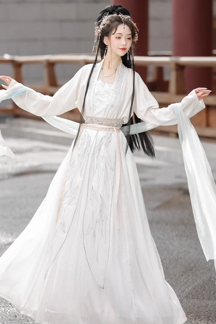 White Long Sleeves High Waisted Jacquard Print Embroidery Women's Sweet Hanfu Dress Full Set