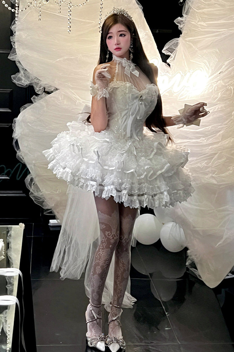 Robe Jsk Lolita Princesse Douce en Dentelle avec Nœud Papillon Hanayome à Volants et Col Halterneck Blanc [Love God Bride] 