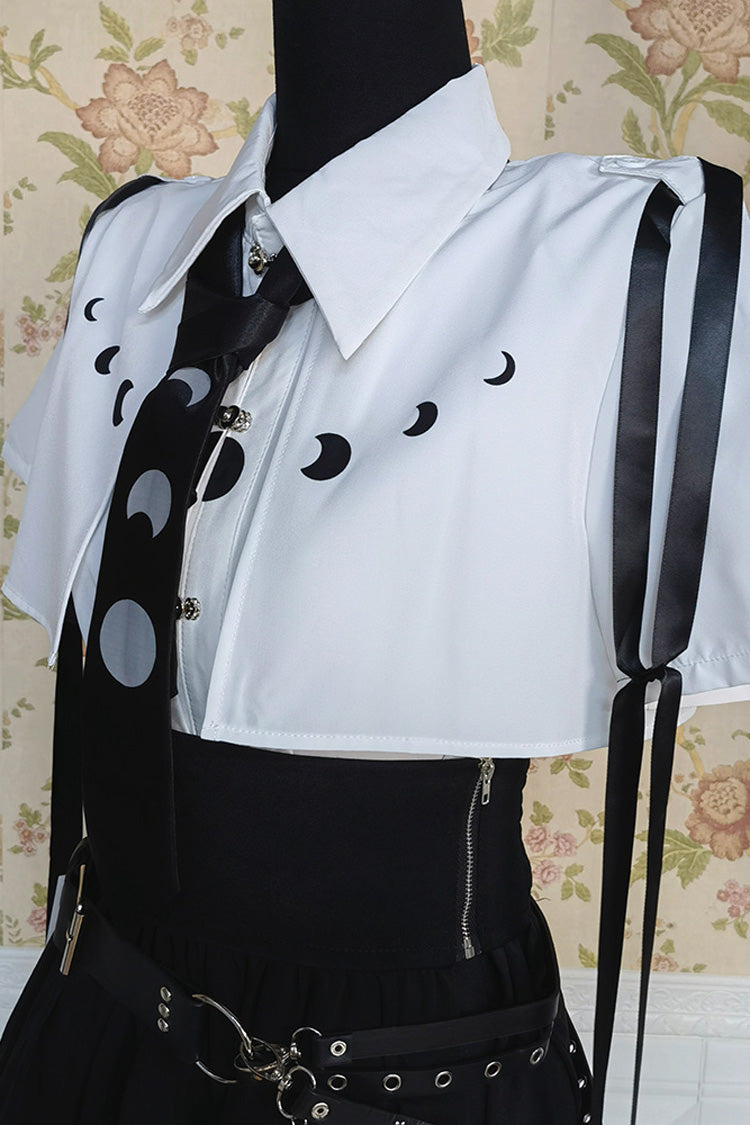 Black/White Short Sleeves Ruffle Asymmetric Gothic Jirai Kei Skirt Blouse Set