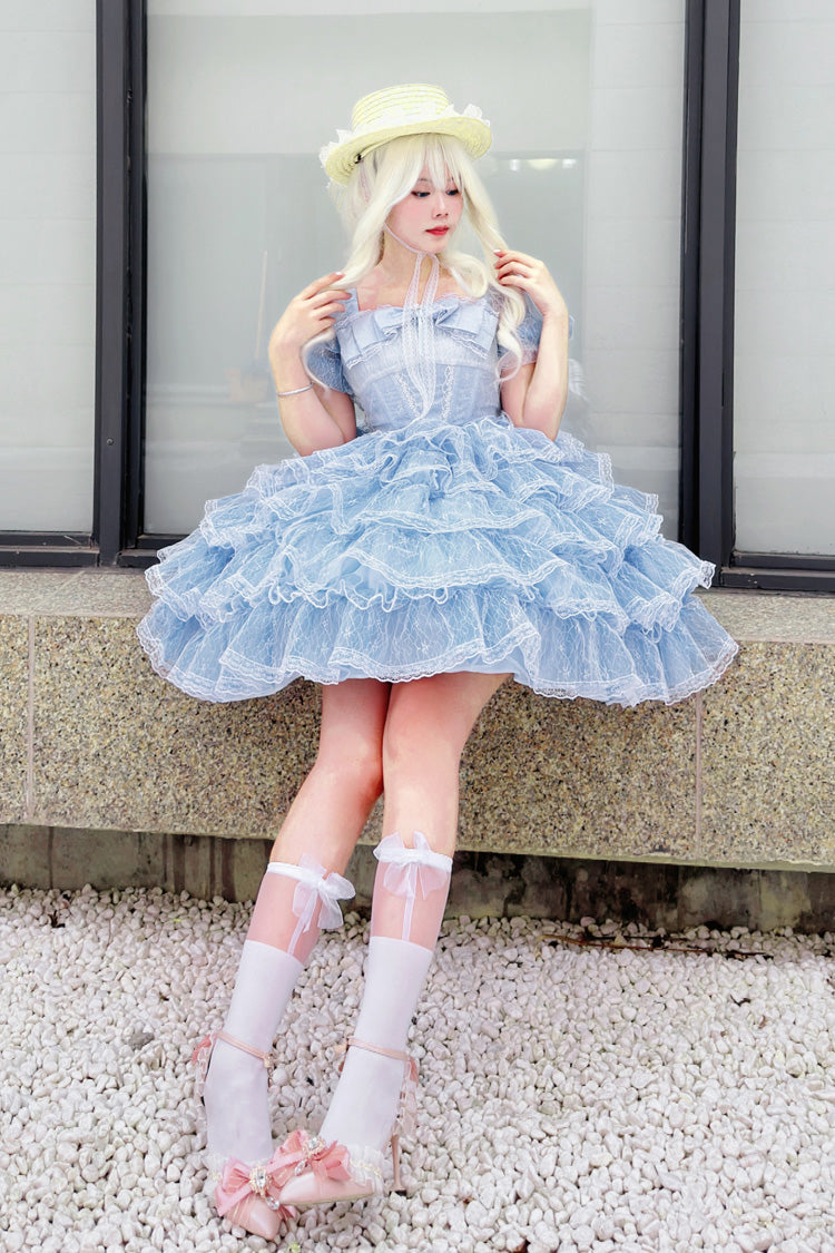 Blue Short Sleeves Multi-Layered Ruffle Hanayome Bowknot Lace Plus Size Sweet Lolita Dress