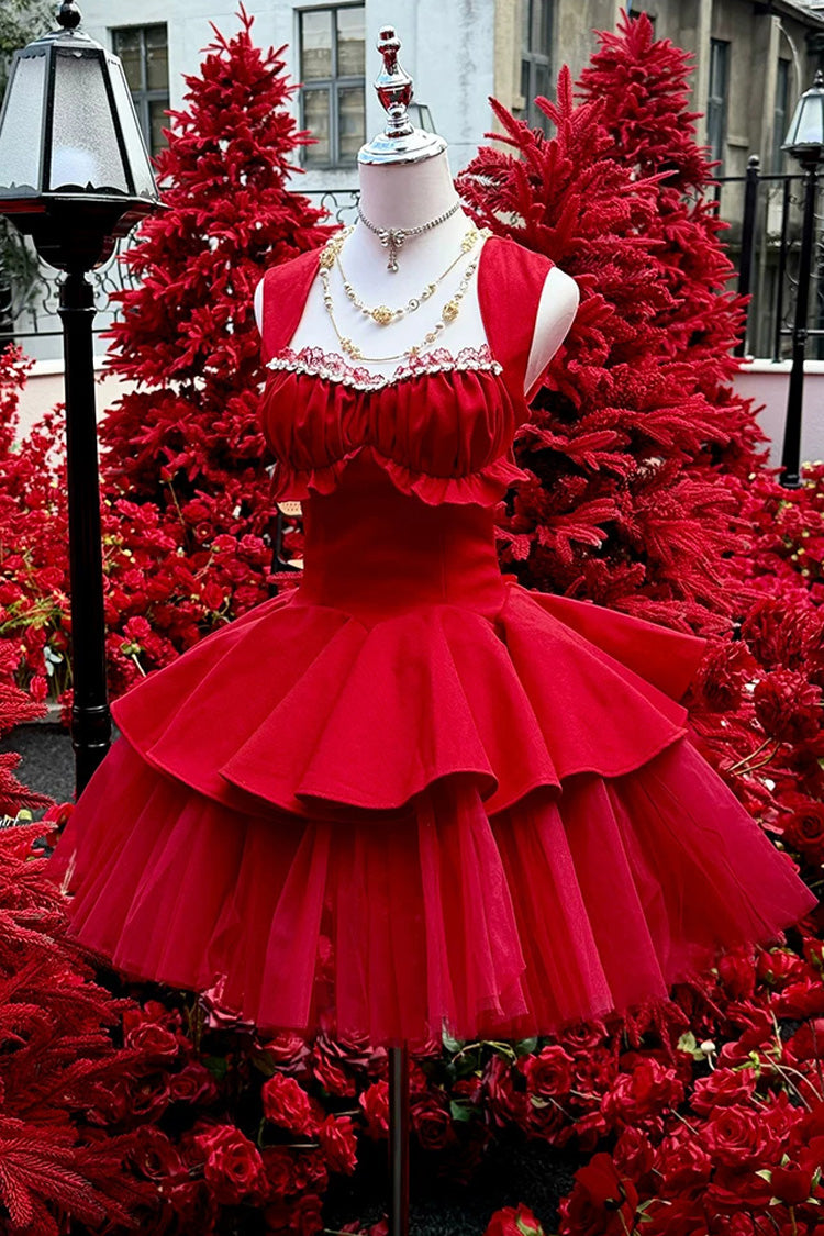 Robe Lolita de ballet classique à volants sans manches à col carré rouge [Rose romantique]