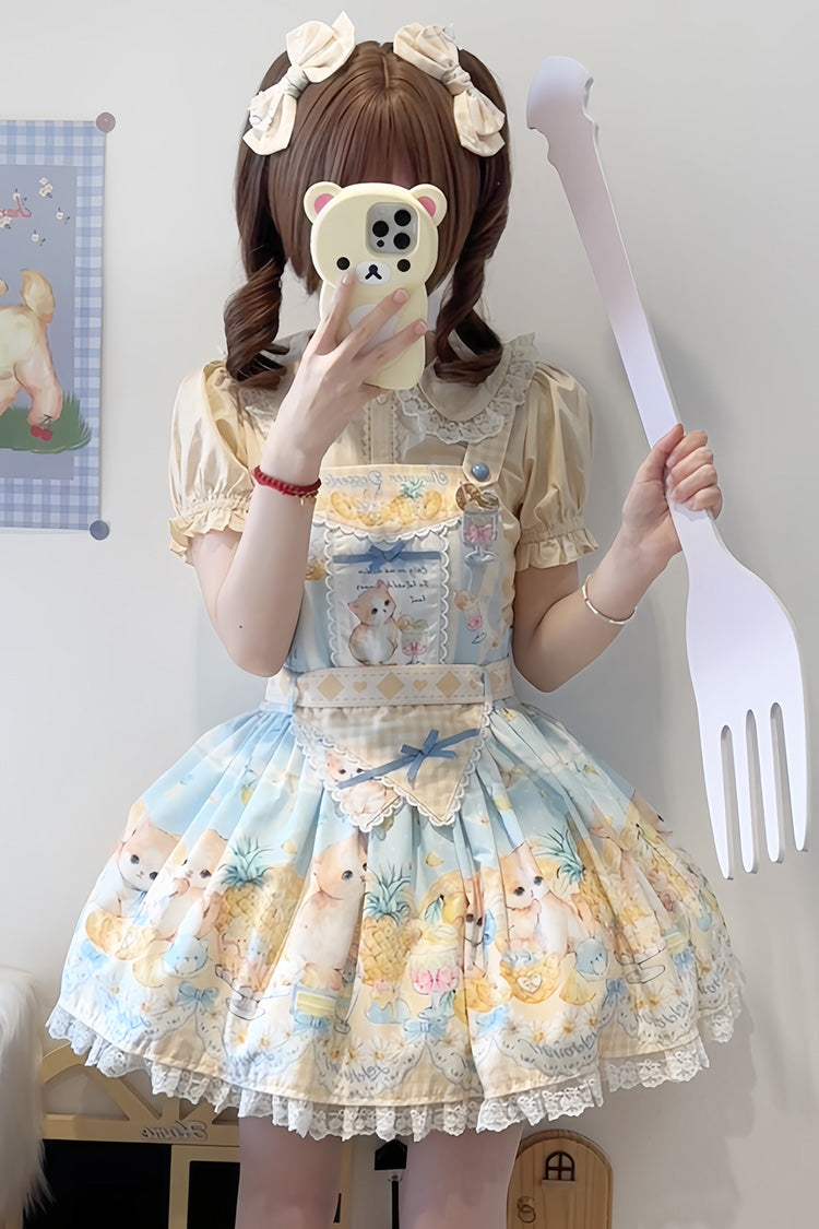 Blue [Pineapple Cat] Print Sleeveless Bowknot Lace Sweet Lolita Strap Dress