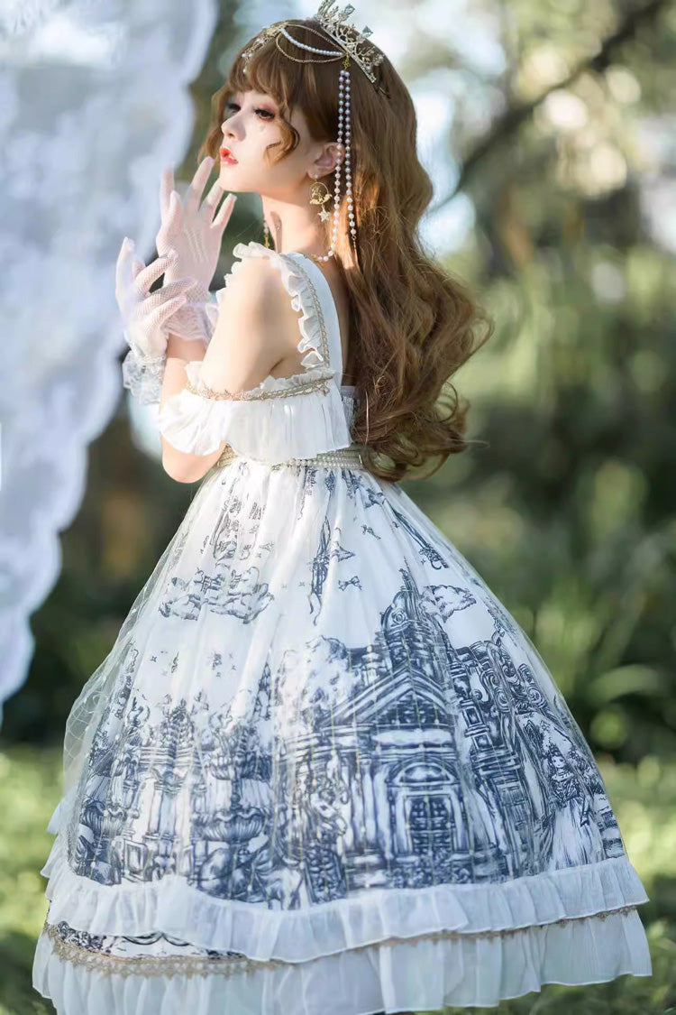 White [Castle Feast] Print Ruffle Bowknot Gothic Princess Lolita Jsk Dress