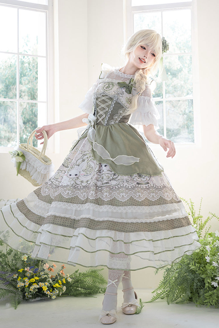 Green [Teacup Rabbit] Multi-Layered Print Ruffle Embroidery Bowknot Lace Asymmetric Sweet Elegant Lolita Jsk Dress