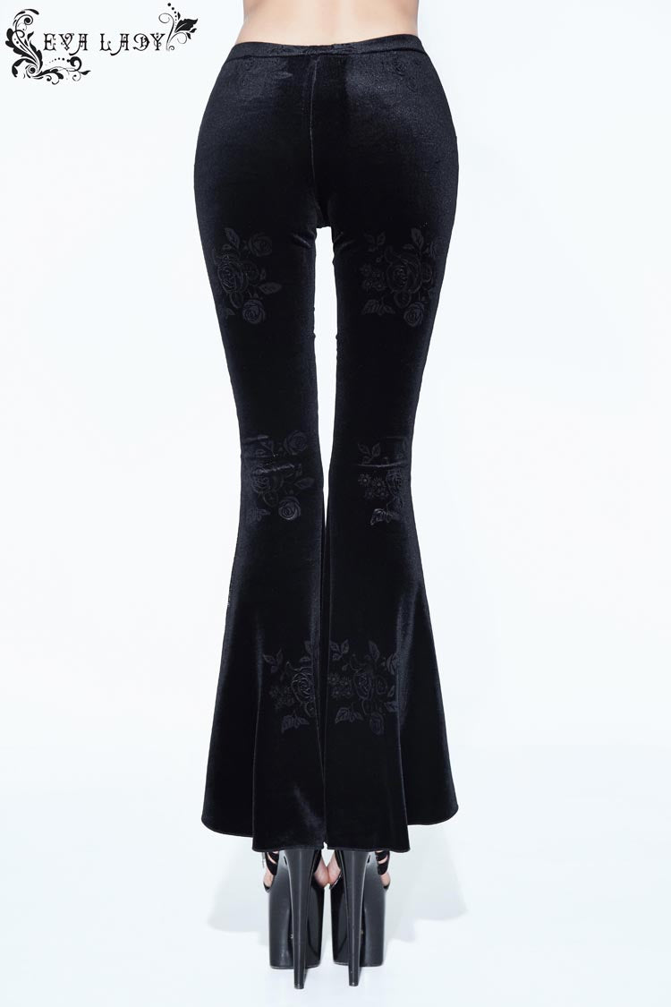 Black Side Bead Chain Flowers Splice Rose Pattern Lace Embossed Women's Gothic Knitted Flare Trousers