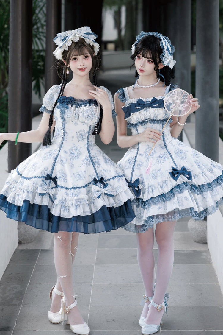 Bleu/Blanc [Morning Mist Rose] Col carré taille haute imprimé floral en dentelle à volants Robe Lolita douce 2 versions