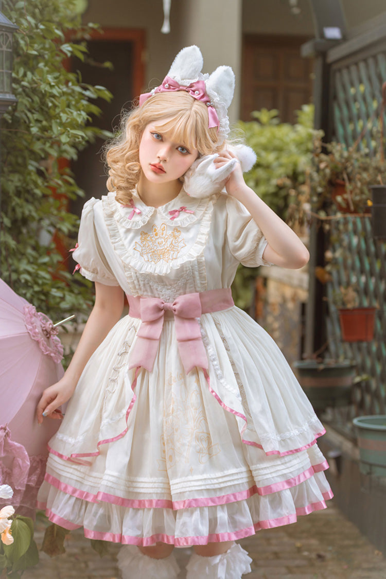 White/Pink Short Sleeves Multi-layer Ruffle Bowknot Sweet Lolita Dress