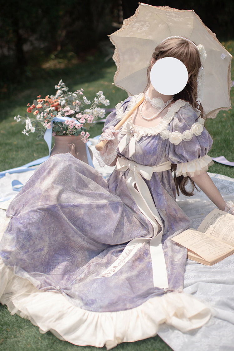 Robe Lolita Princesse Douce à Manches Courtes Imprimée avec Volants et Nœud Papillon [Poème de Peinture à l'Huile Soleil et Lune] Violette 