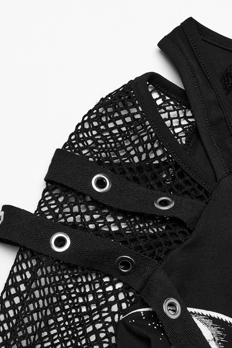Black Long Sleeves Cutout Skull Print Stitching Mesh Women's Punk Blouse