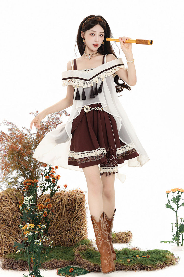 Braunes [Dream of the Wilderness] ärmelloses, besticktes Sweet Lolita JSK-Kleiderset mit quadratischem Kragen