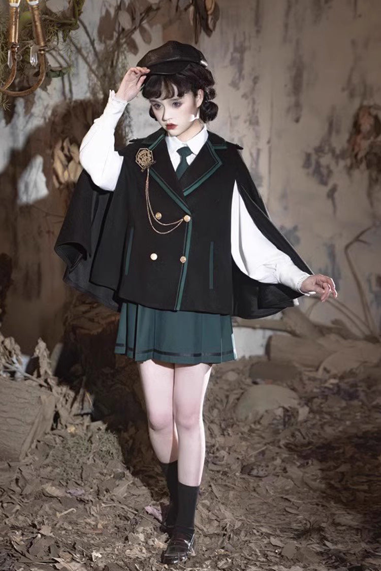 Black/Green Magic Academy Lapel Collar Gothic Vintage College Style Lolita Skirt Full Set