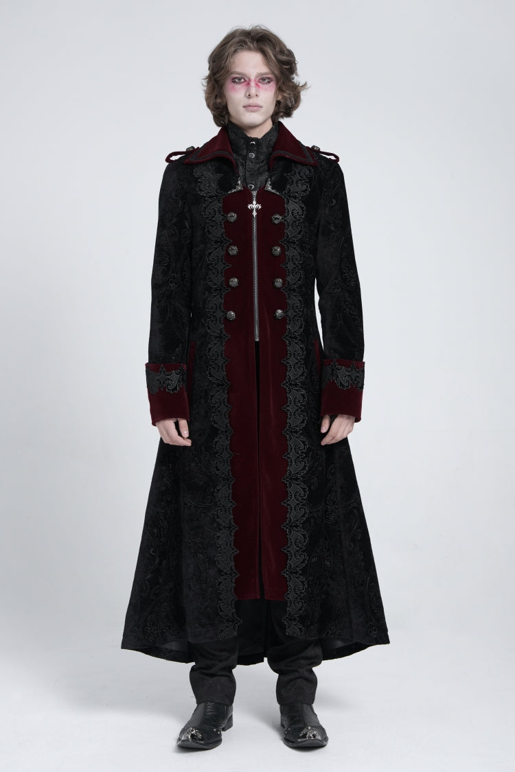 Black/Red Lapel Collar Embroidery Zipper Men's Gothic Handsome Coat