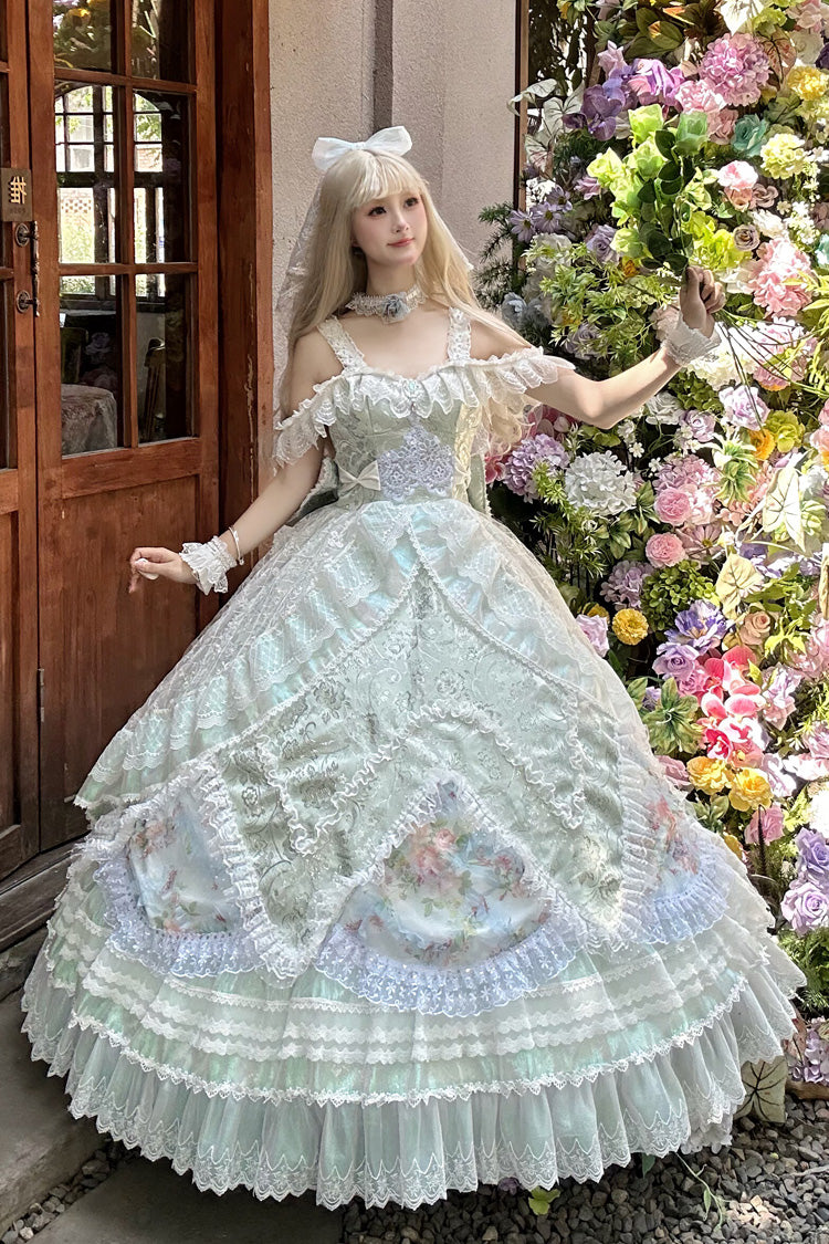 [Die Glaskugel von Misty Isle] Mehrschichtiges, gerüschtes, mit Hanayome besticktes süßes Lolita-Kleid-Set in Übergröße, 5 Farben (Weiß, Gelb, Lila, Grün, Rosa)