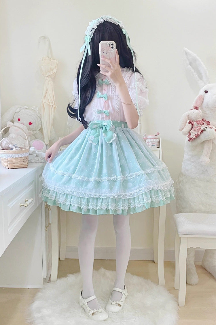 [Wave Candy] Jupe Lolita douce à nœud à volants imprimé triple couche 3 couleurs 