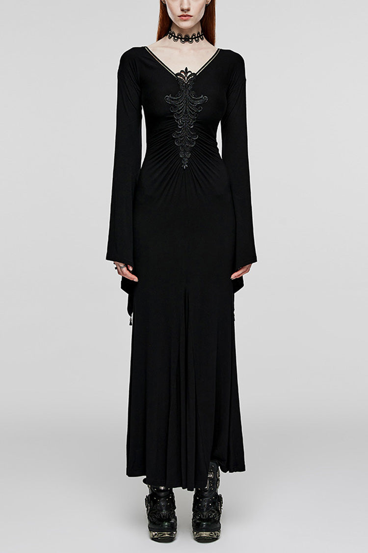 Black V Collar Long Sleeves Floral Embroidery Women's Gothic Dress